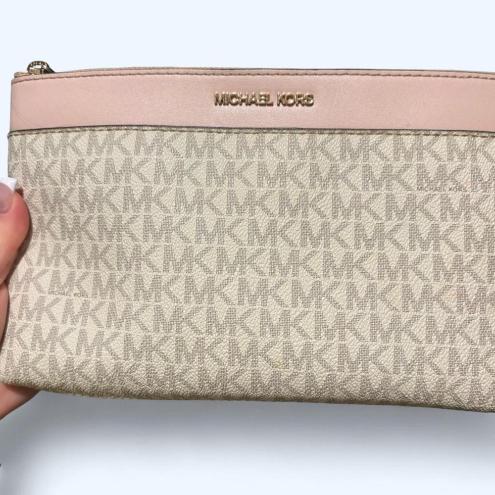 Michael Kors Monogram Beige and Pink Clutch